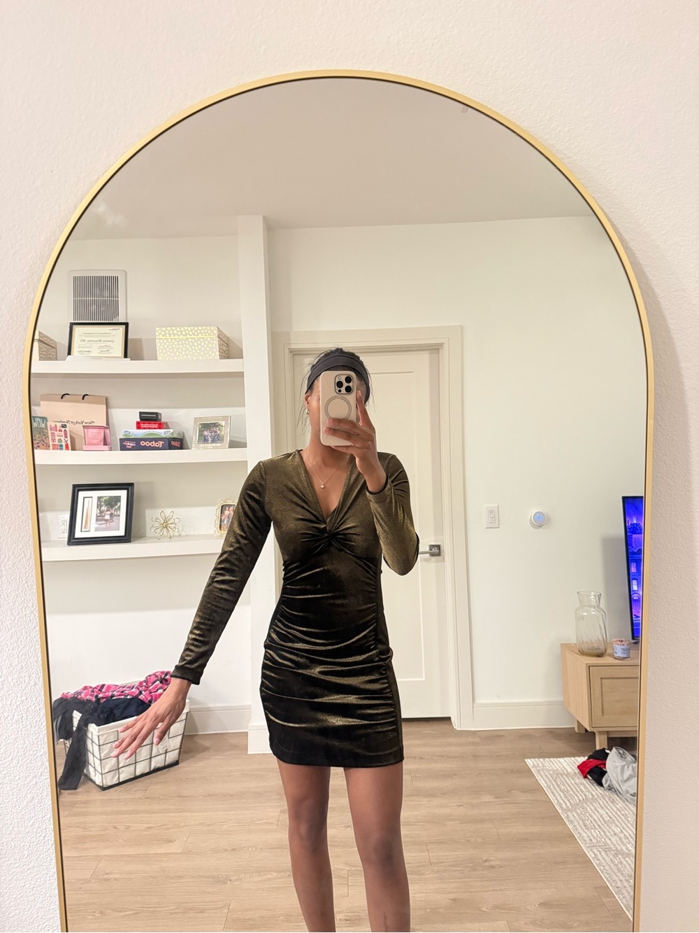 Zara Black/Gold Long-Sleeve Twist Front Velvet Dress